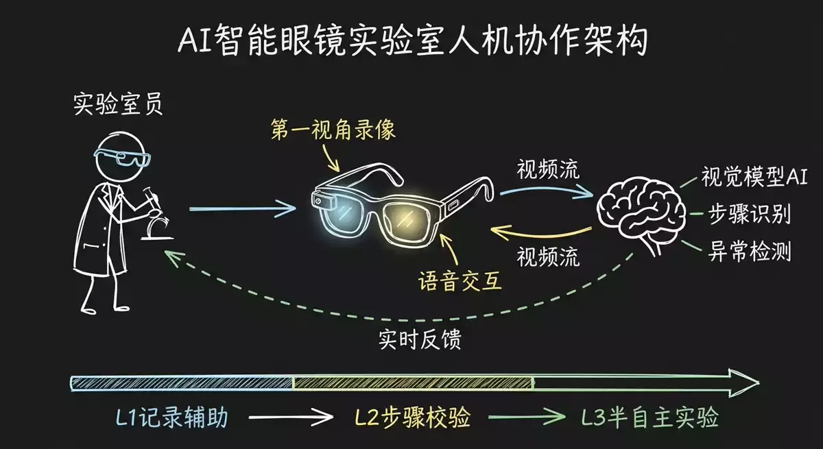 AI 眼镜 × 实验室人机协同架构（手绘原理图）