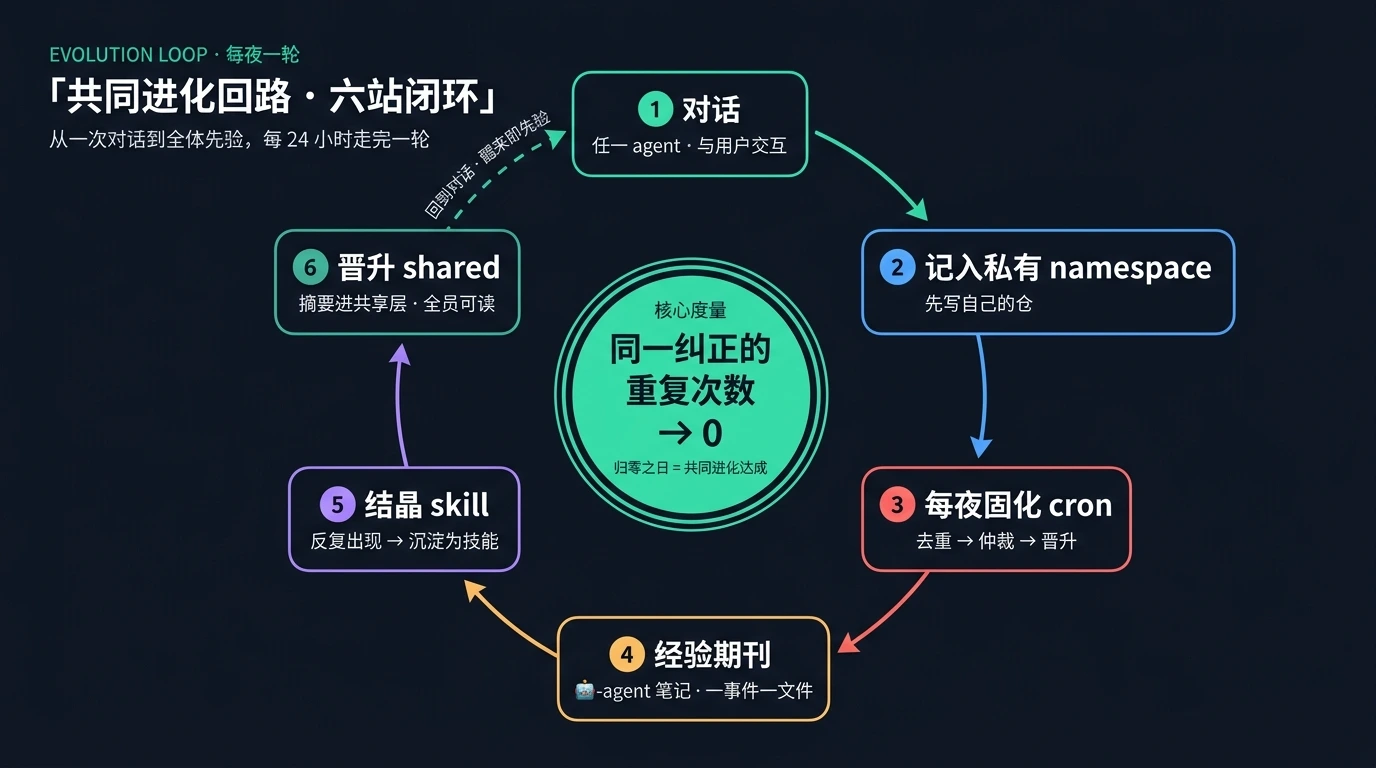 共同进化回路图:对话、记入私有 namespace、每夜固化 cron、经验期刊、结晶 skill、晋升 shared 层六个节点闭环,中心为核心度量:同一纠正的重复次数归零